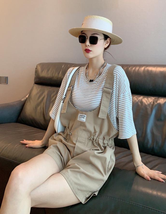 夏季休闲条纹背带短裤，女装，水锦红