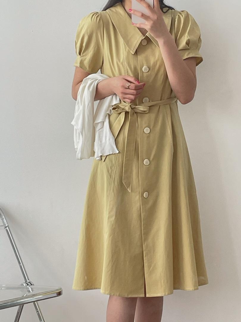 现货韩系芥末黄收腰连衣裙，女装连衣裙，汐美