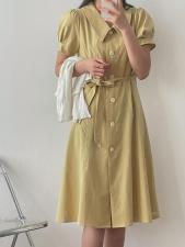 现货韩系芥末黄收腰连衣裙，女装连衣裙，汐美