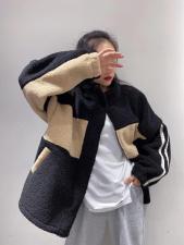 腔调款双色拼接羊羔毛外套，女装，r+i=aa
