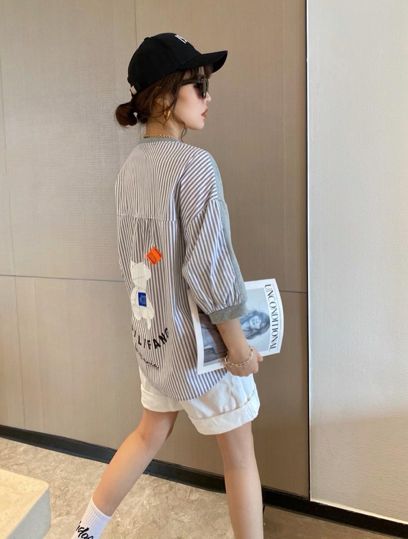 【现货】夏季新款针织防晒拼接字母刺绣印花七分袖圆领卫衣，女装卫衣/绒衫，微迪菲