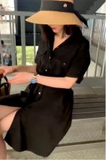 DG897夏季新款2021港风翻领收腰气质显瘦双口袋天丝连衣，女装，L·H·X