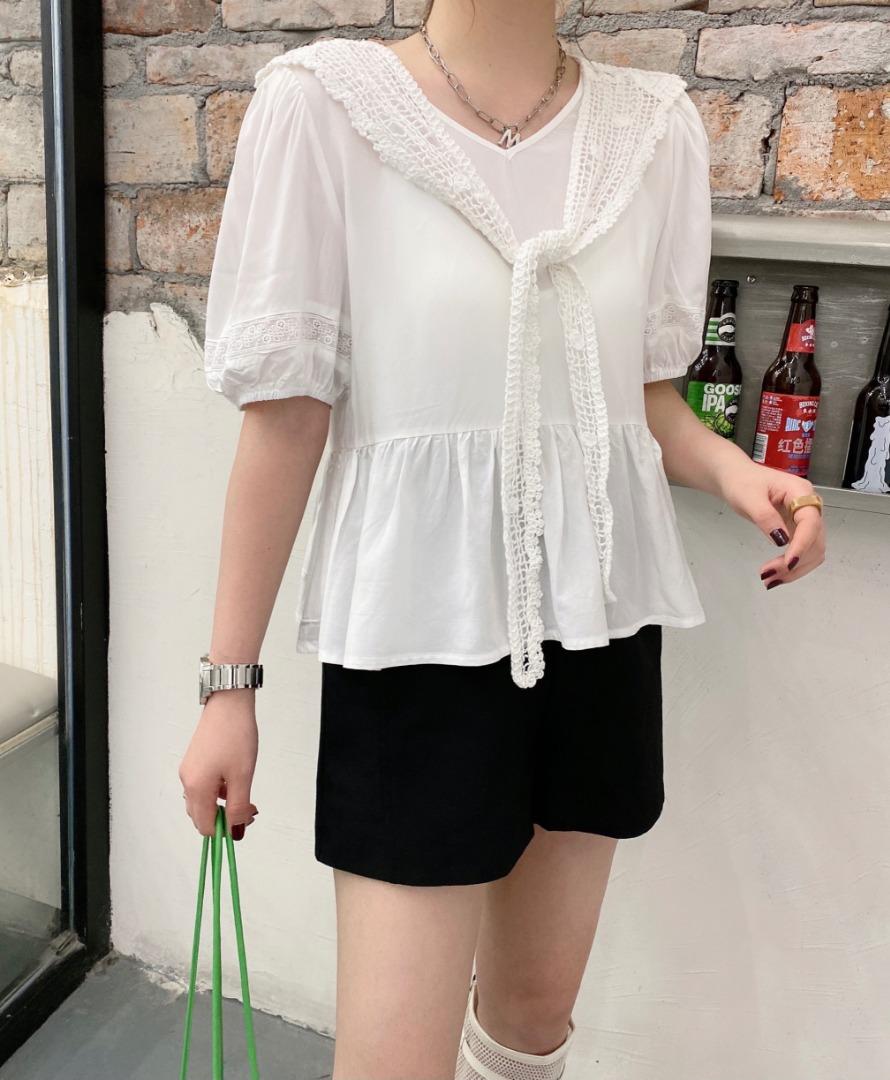 皮肩拼接小上衣，女装，沐·沐