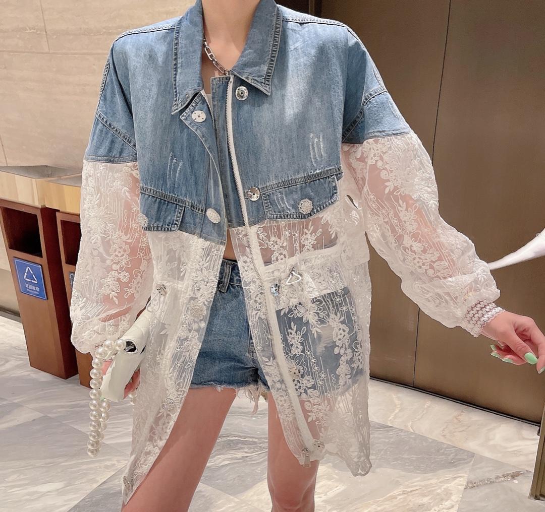 现货重工牛仔拼接蕾丝欧根纱防晒衣外套，女装，漫迪