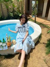 蓝色蝴蝶结设计短袖连衣裙，女装连衣裙，ceelphy