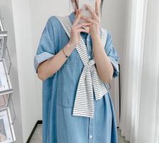 大版牛仔衬衫裙，女装衬衫，伊媚儿