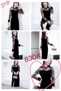 金丝绒搭配蕾丝连衣裙五个码M、乚、XL、XXL、XXX,女装连衣裙,拉思维加丝