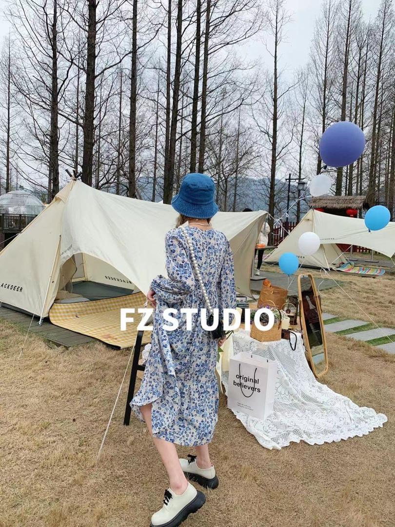 【春季新款】自制长款蓝花连衣裙，女装连衣裙，FZ