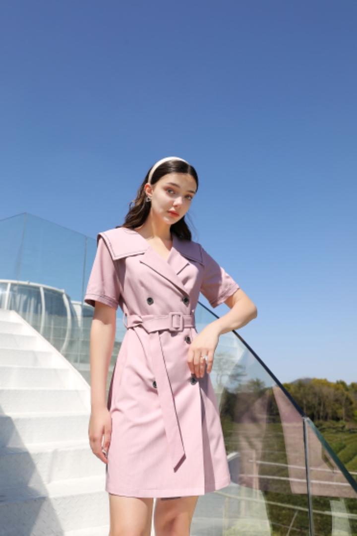夏季新款双排扣翻领短袖连衣裙，女装连衣裙，忆思妤