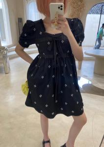 黑色刺绣花朵蝴蝶结拼接连衣裙,女装连衣裙,ceelphy