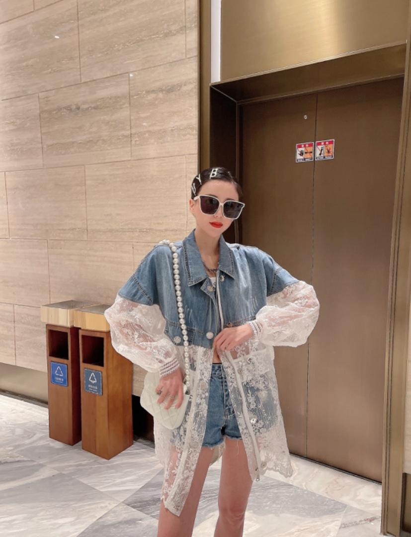 现货重工牛仔拼接蕾丝欧根纱防晒衣外套，女装，漫迪