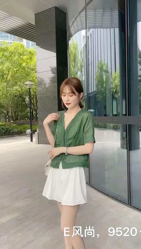 棉麻拼花边小衫，女装，E·风尚