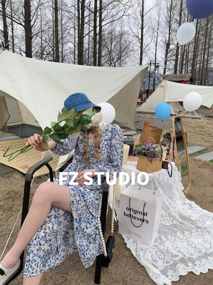 【春季新款】自制长款蓝花连衣裙，女装连衣裙，FZ
