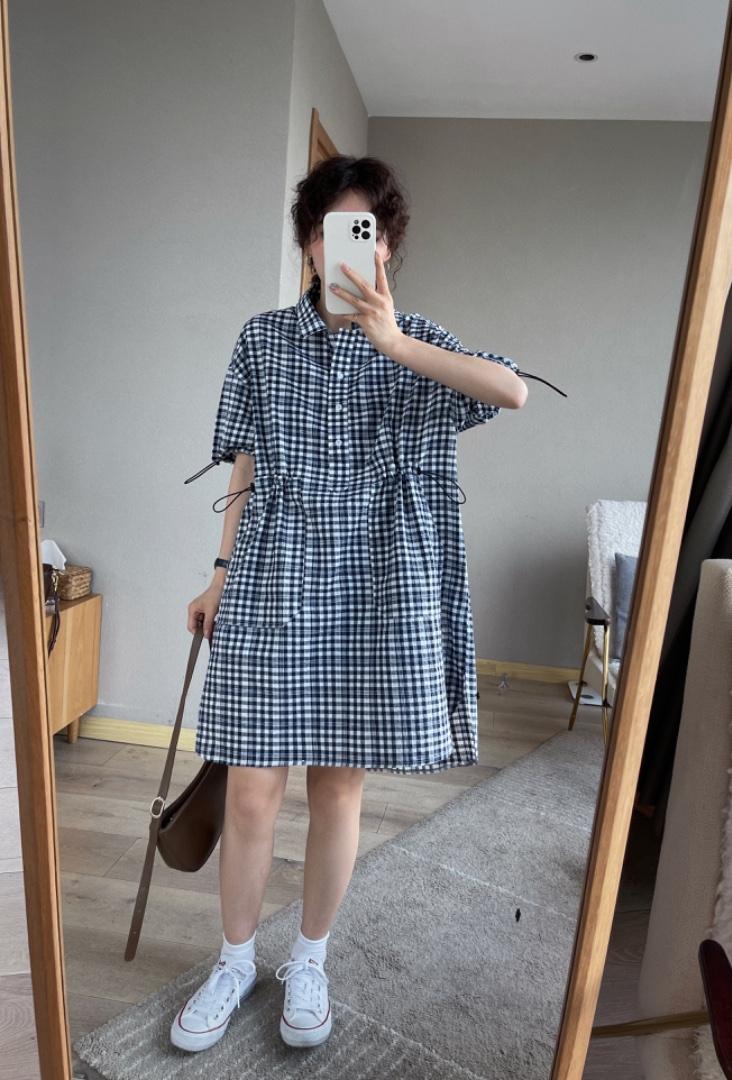6987格子抽绳裙，女装，续加