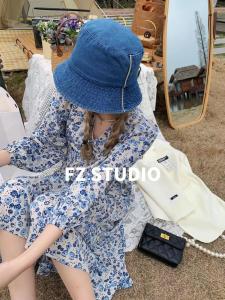 【春季新款】自制长款蓝花连衣裙,女装连衣裙,FZ