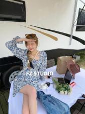 【春季新款】自制蓝色短款碎花裙，女装，FZ