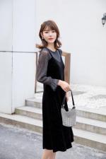 春装订货款：金丝绒搭配蕾丝连衣裙五个码、M到3个XL，女装连衣裙，拉思维加丝