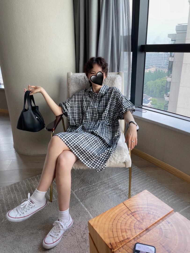 6987格子抽绳裙，女装，续加