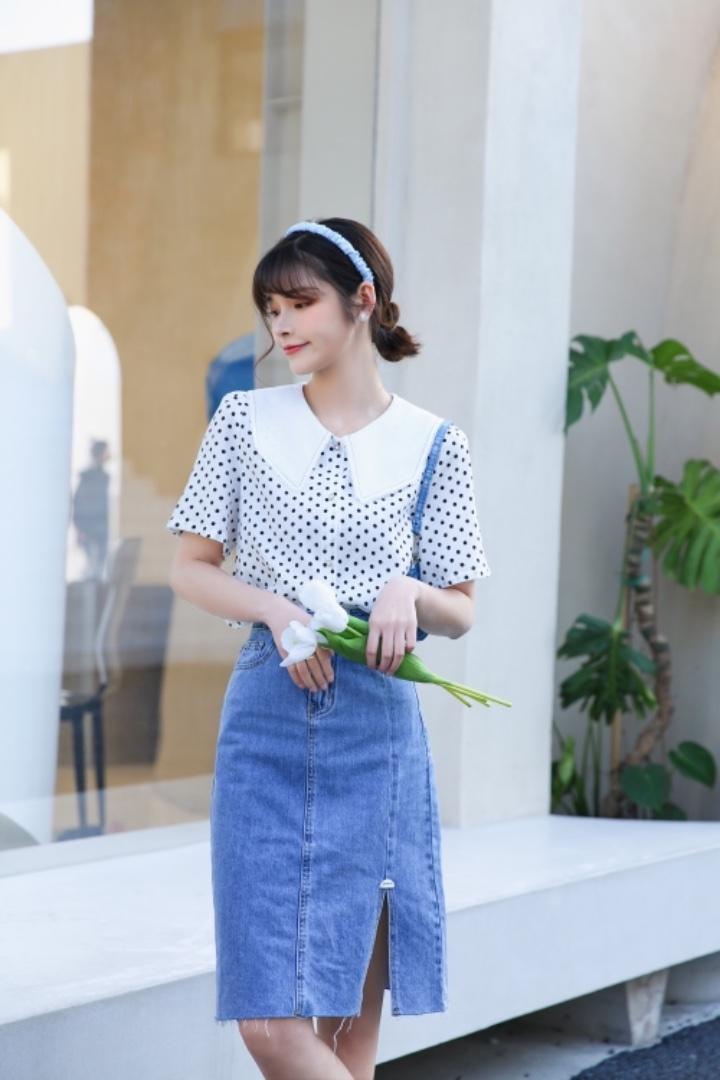 小清新不规则领波点小衫，女装，如问
