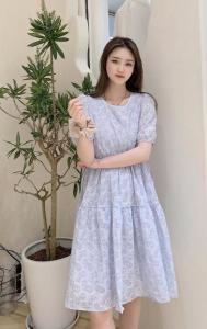 现货 夏季新款 蓝色印花连衣裙,女装连衣裙,薇化