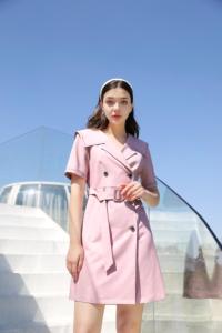 夏季新款 双排扣翻领短袖连衣裙，女装连衣裙，忆思妤