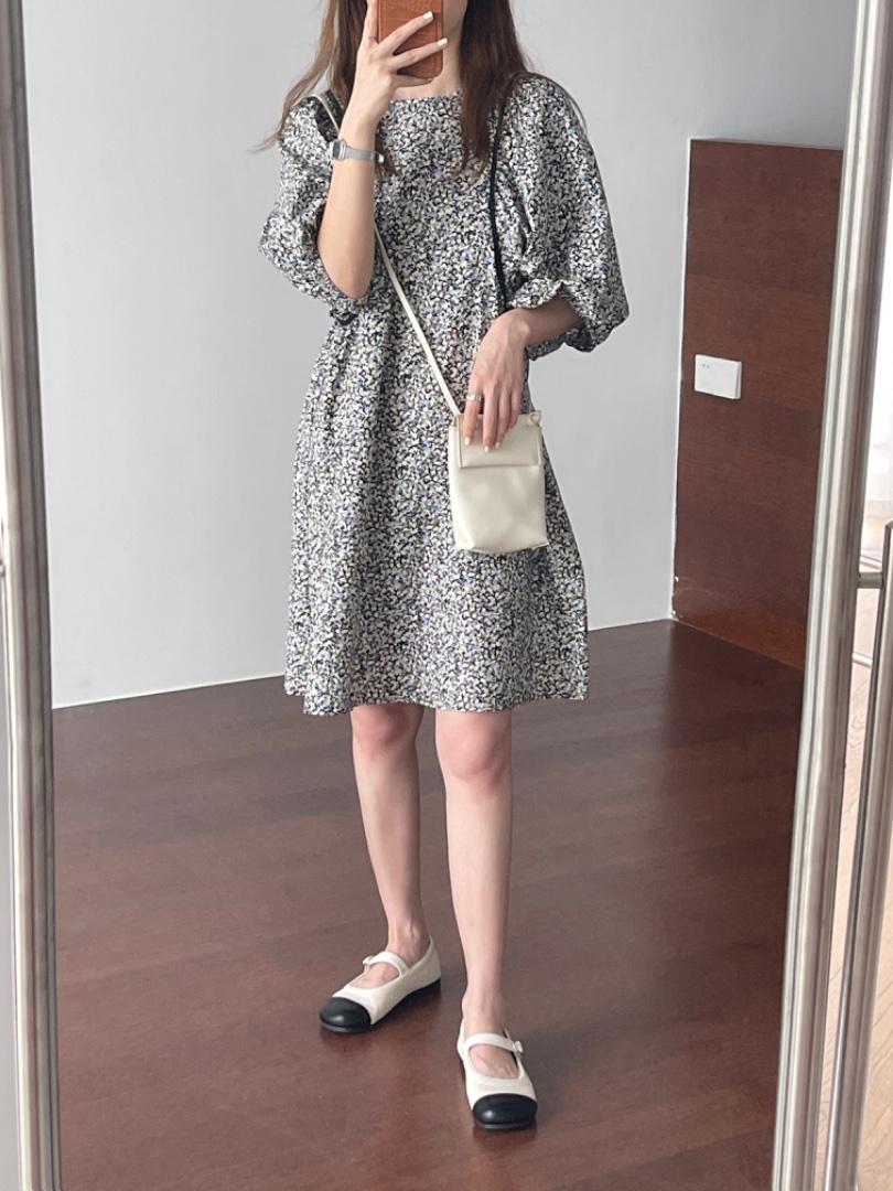 撞色包条褶皱碎花中长款连衣裙，女装连衣裙，TVMV(4F)