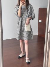 撞色包条褶皱碎花中长款连衣裙，女装连衣裙，TVMV(4F)