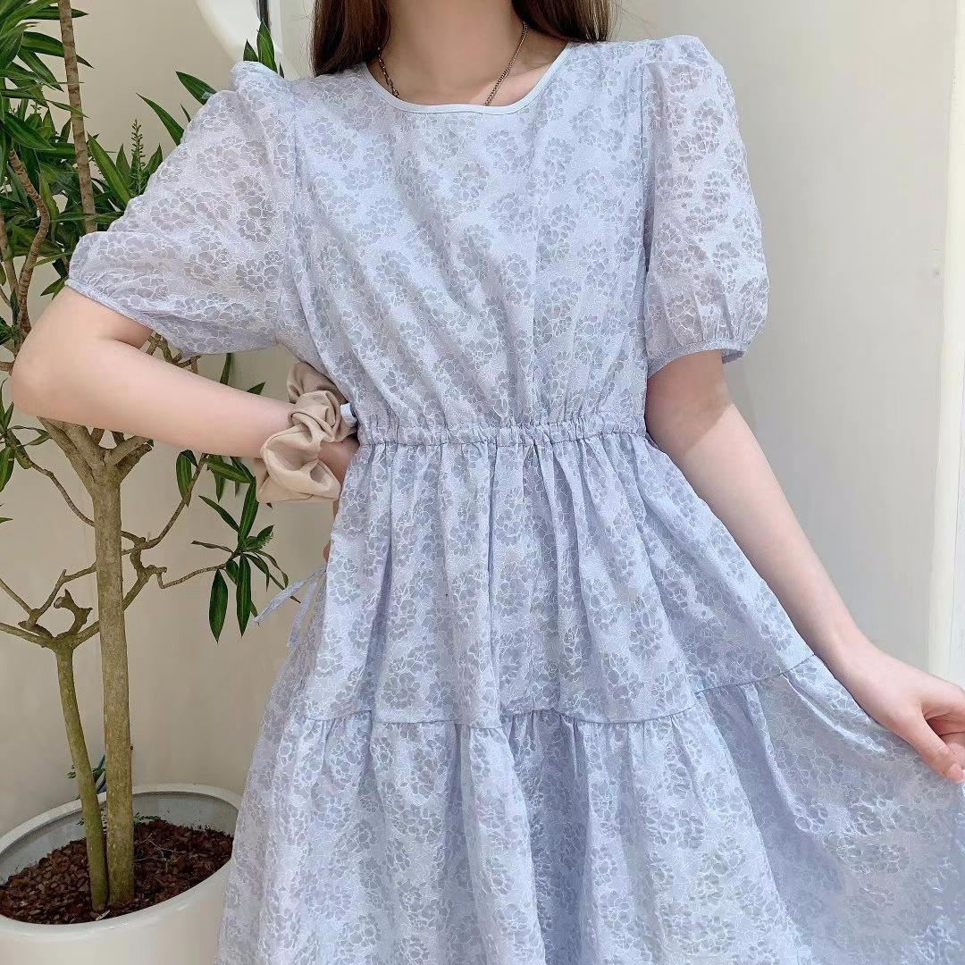 现货夏季新款蓝色印花连衣裙，女装连衣裙，薇化