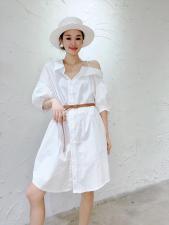 韩版斜肩配腰带连衣裙，女装连衣裙，玩美