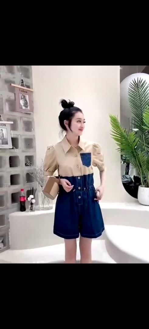 夏季新款牛仔衬衣拼接连体裤，女装连体裤，二分之一