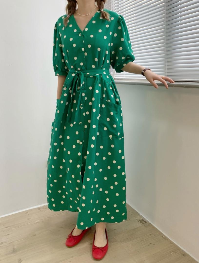 波点连衣裙，高品质亚麻，女装连衣裙，LUCY