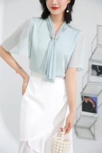 2021夏新 V领工艺压褶气质飘带上衣,其它,秋子丰色(3F)