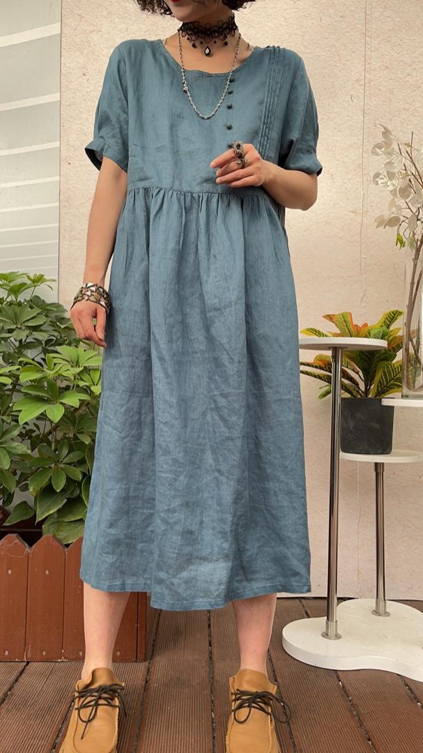 亚麻连衣裙，女装连衣裙，衣九八依