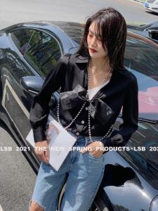 欧洲站欧货2021春夏新款 珍珠项链欧根纱蝴蝶结真丝衬衫,女装衬衫,丽身伴