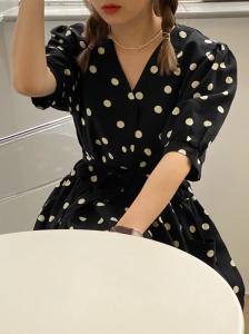 波点连衣裙，高品质亚麻,女装连衣裙,LUCY