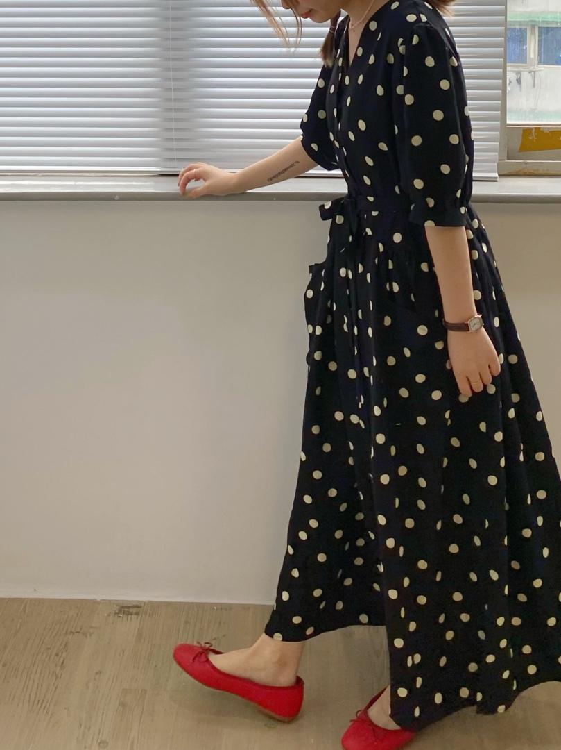 波点连衣裙，高品质亚麻，女装连衣裙，LUCY
