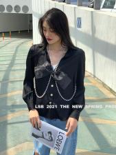 欧洲站欧货2021春夏新款珍珠项链欧根纱蝴蝶结真丝衬衫，女装衬衫，丽身伴