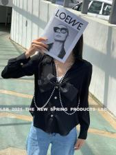 欧洲站欧货2021春夏新款珍珠项链欧根纱蝴蝶结真丝衬衫，女装衬衫，丽身伴
