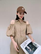 韩版漏肩泡泡袖连衣裙，女装连衣裙，玩美