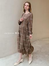 2021秋季中长款格纹连衣裙S-L现货，女装连衣裙，Jarmore隽末