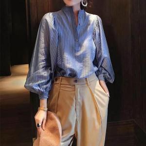 2021秋装新款条纹百搭灯笼袖高品质衬衫,女装衬衫,炫女孩