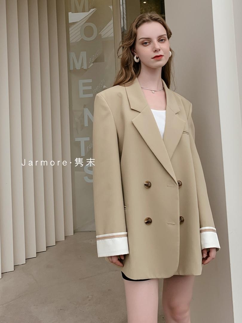 2021隽末秋款袖口拼接撞色西装外套。杏色蓝色Ｓ—，女装西装，Jarmore隽末