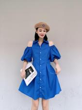 韩版漏肩泡泡袖连衣裙，女装连衣裙，玩美