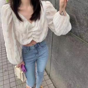 2021年秋季新品欧货Ａ领蕾丝边褶皱温柔长袖小衫,其它,L·H·X