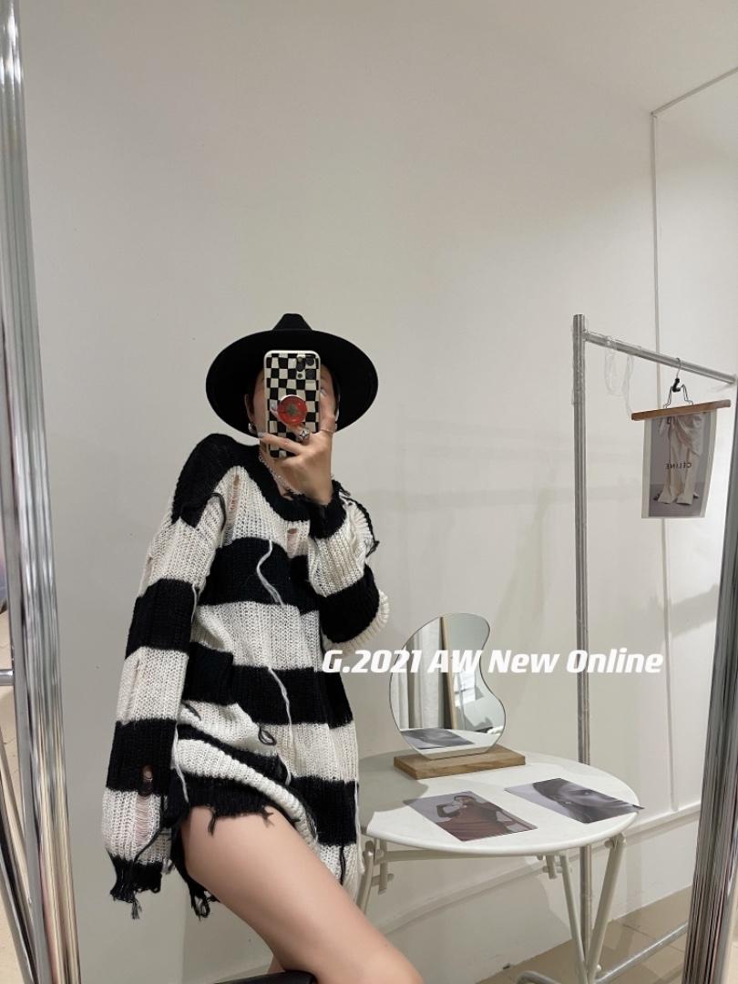 现货秋季新款破洞针织个性毛衣，女装针织衫/毛衣，G