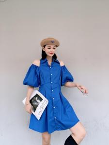 韩版漏肩泡泡袖连衣裙,女装连衣裙,玩美