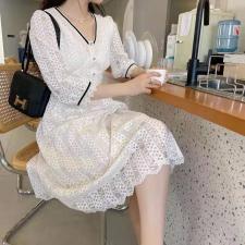 现货秋款蕾丝收腰连衣裙，女装连衣裙，晗梦轩
