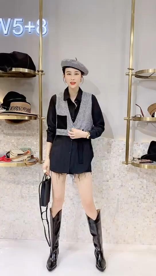 千鸟拼接假二件套装，女装职业装，雪儿伊秀