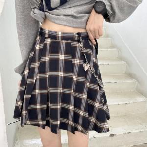 链条挂件格子百褶半裙尺码sml，女装半身裙，妮斯娜美