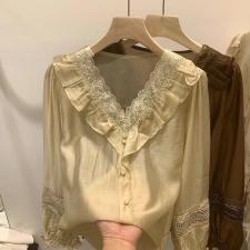 2021年秋季新品超仙洋气欧货长袖V领拼蕾丝长袖衬衫，女装衬衫，L·H·X